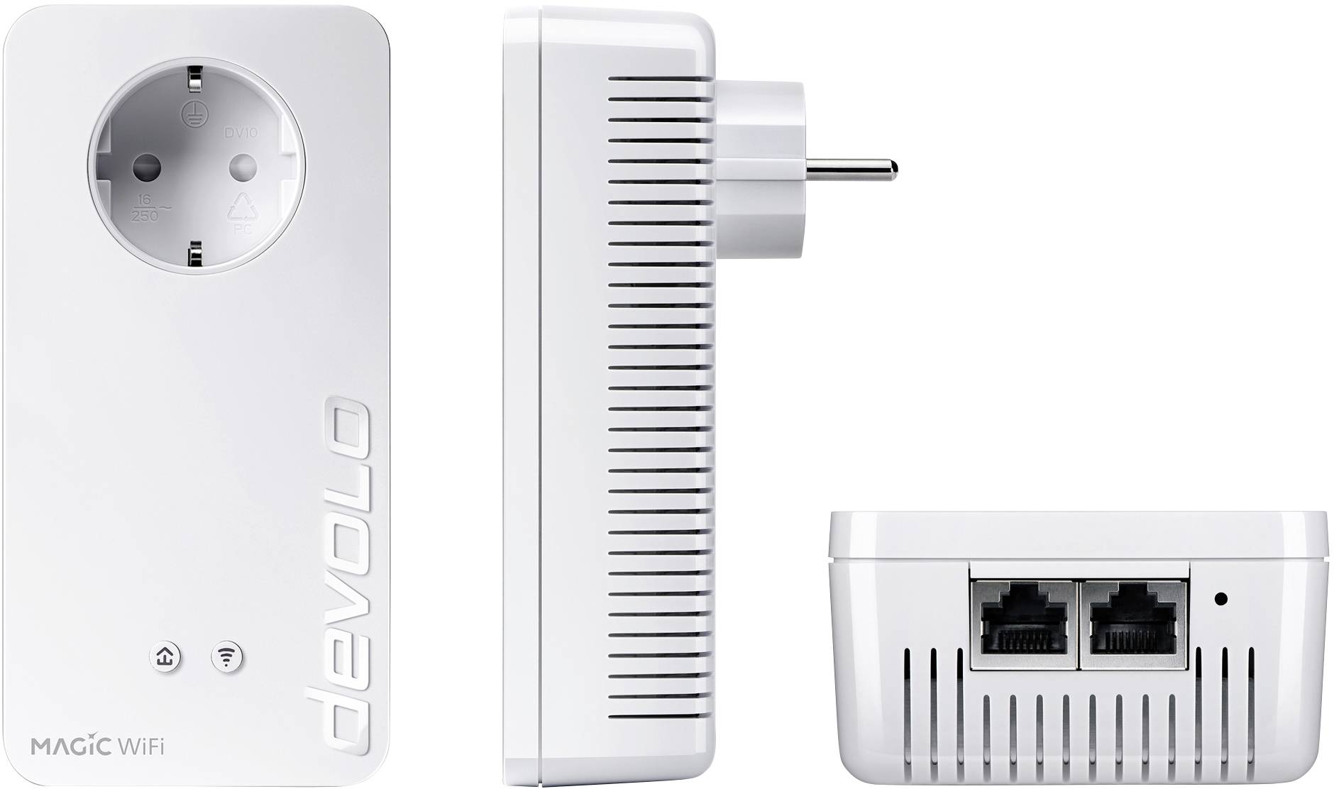 Powerline-Adapter von Devolo mit integriertem WLAN, seitliche Lüftungsschlitze, Vorderseite mit Steckdose und Firmenlogo, Rückseite mit zwei Ethernet-Anschlüssen.