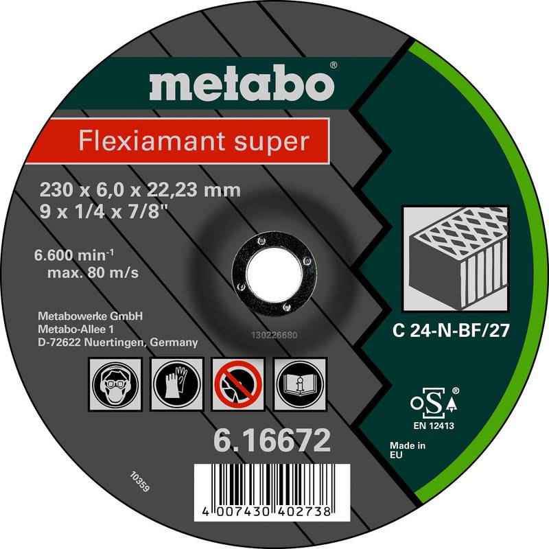 Metabo Flexiamant super Trennscheibe mit Kennzeichnung zeigend Größe 230 x 6,0 x 22,23 mm, max. 6.600 U/min und Sicherheitssymbole.