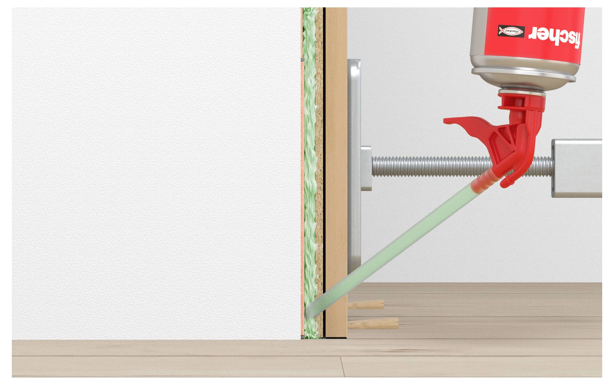 Querschnitt einer isolierten Wand mit einer Fischer-Klebepistole, die Klebstoff in die Kavität an der Wandbasis für Installation oder Reparatur einspritzt.