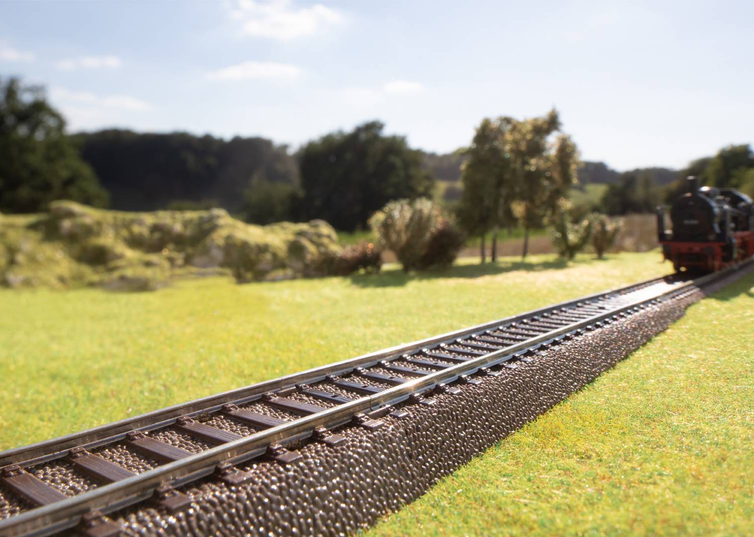 Eisenbahnmodelllandschaft mit Personenwagen und Schienen, umgeben von grünem Gras und Bäumen im Hintergrund.