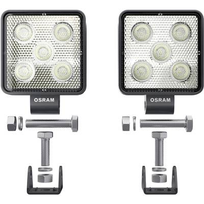 'Zwei quadratische LED-Scheinwerfer mit jeweils fünf Linsen, montierbar mit Schrauben und Halterungen, markiert mit OSRAM.'