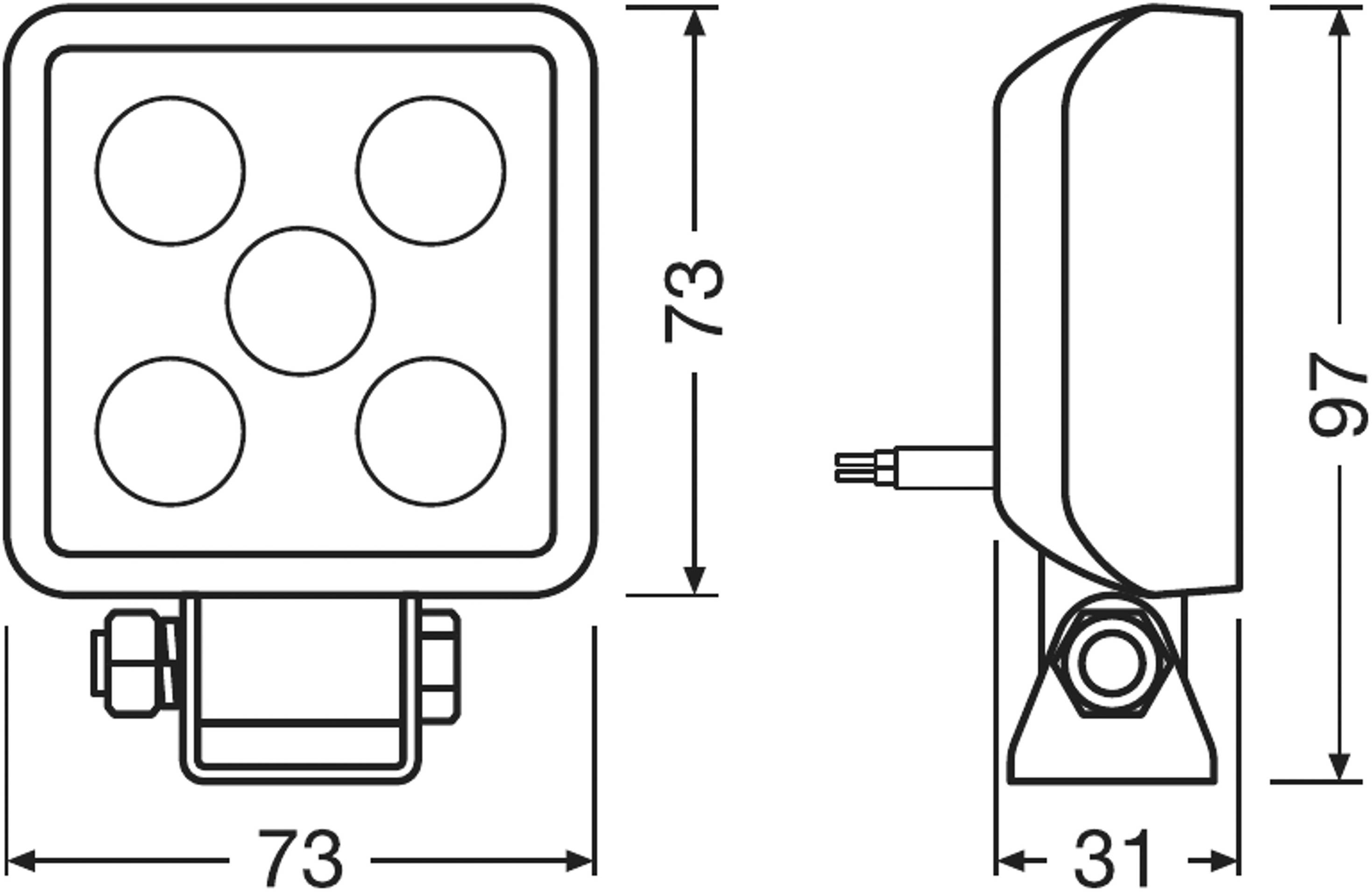 Technische Zeichnung eines LED-Lichts. Zeigt Vorder- und Seitenansicht mit Maßen: 73x73 mm vorne, 97 mm Höhe, 31 mm Tiefe.