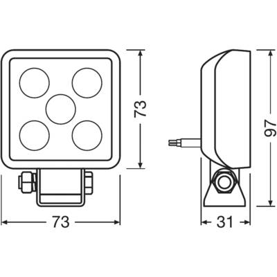 Technische Zeichnung eines LED-Lichts. Zeigt Vorder- und Seitenansicht mit Maßen: 73x73 mm vorne, 97 mm Höhe, 31 mm Tiefe.