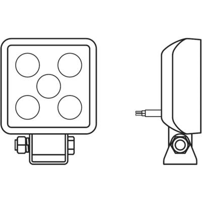 Diagramm eines quadratischen LED-Scheinwerfers, Vorder- und Seitenansicht. Die Vorderansicht zeigt fünf runde LEDs.