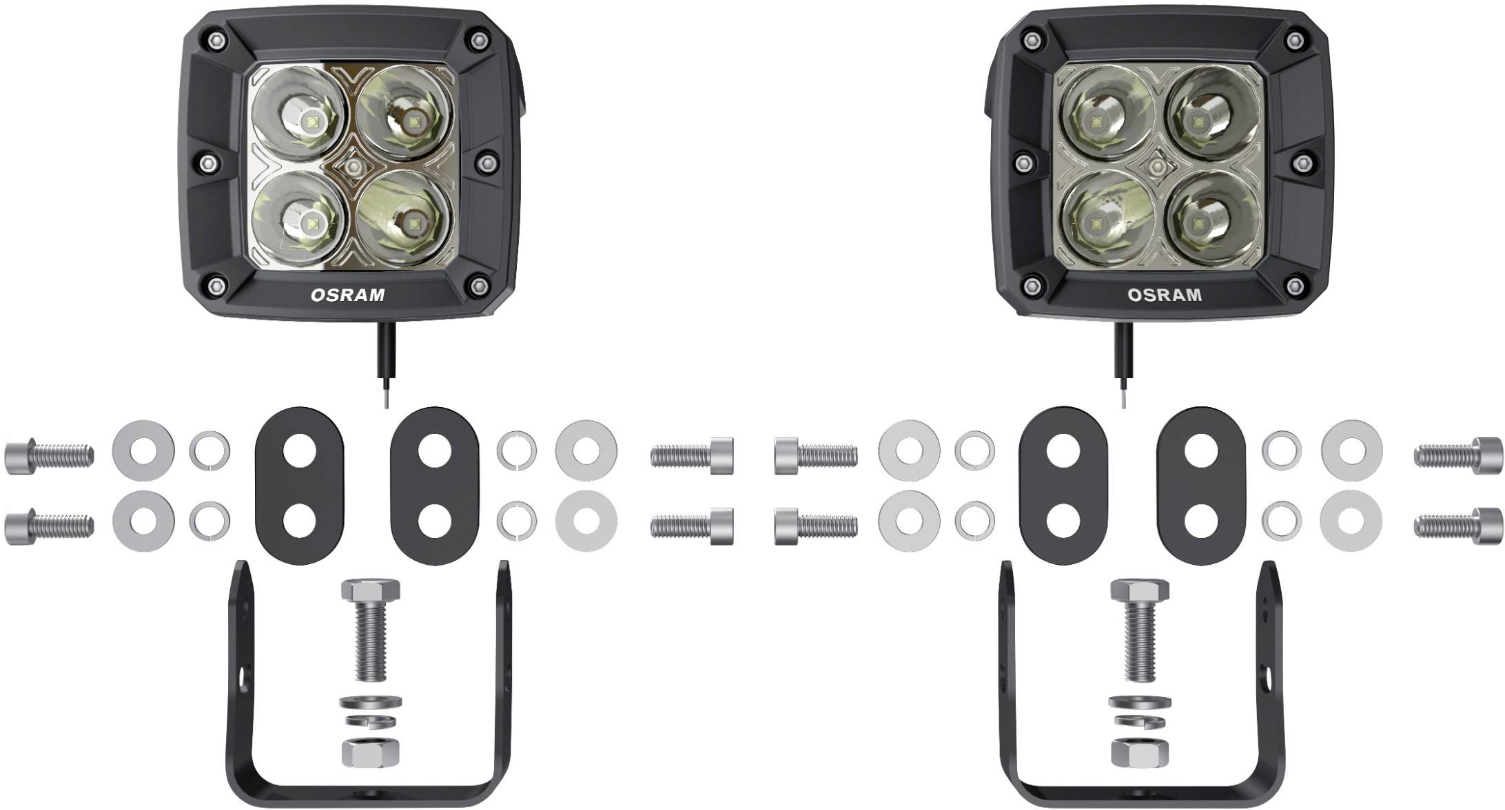 Zwei LED-Scheinwerfer mit Montagezubehör wie Schrauben, Muttern und Halterungen, aufgereiht für den Einbau in ein Fahrzeug.