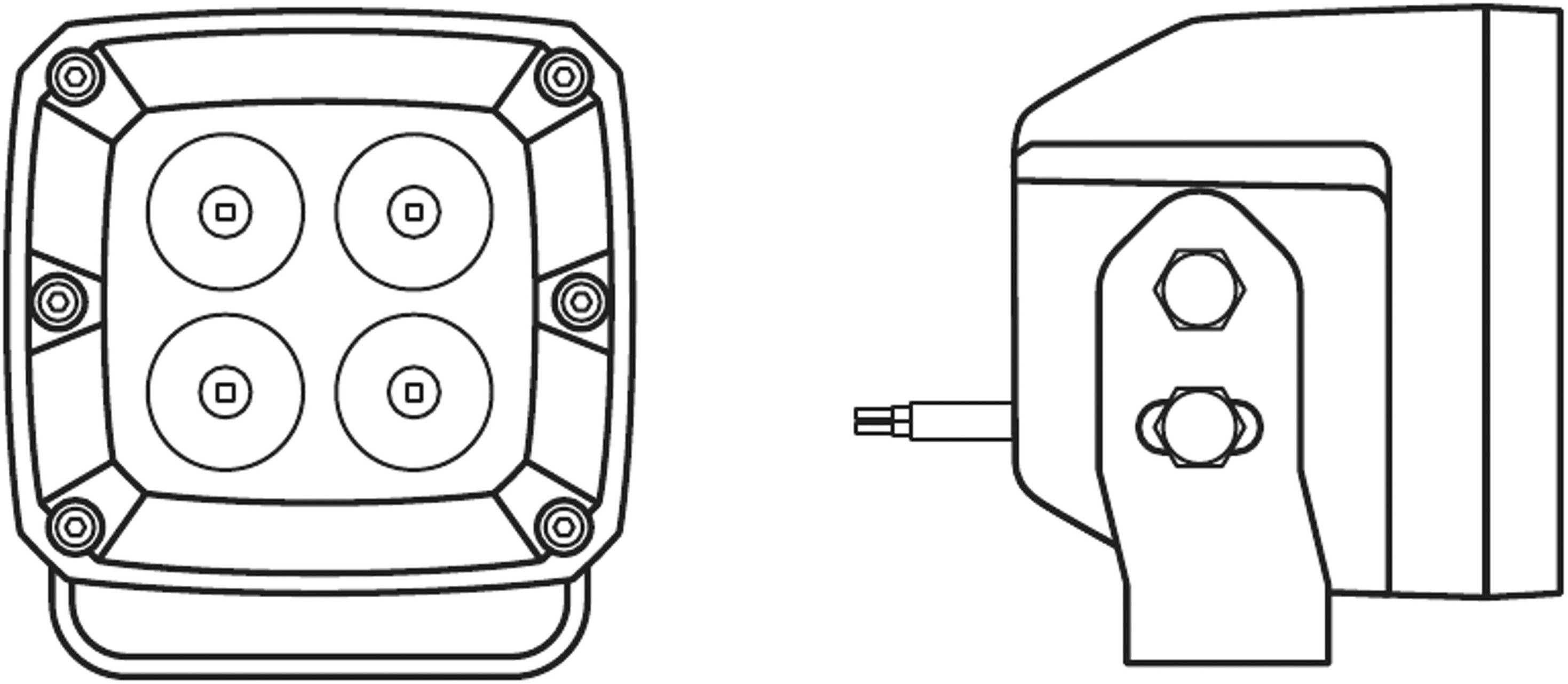 Technische Zeichnung einer LED-Leuchte mit vier Dioden, Front- und Seitenansicht. Kabel und Befestigungsschrauben sichtbar.