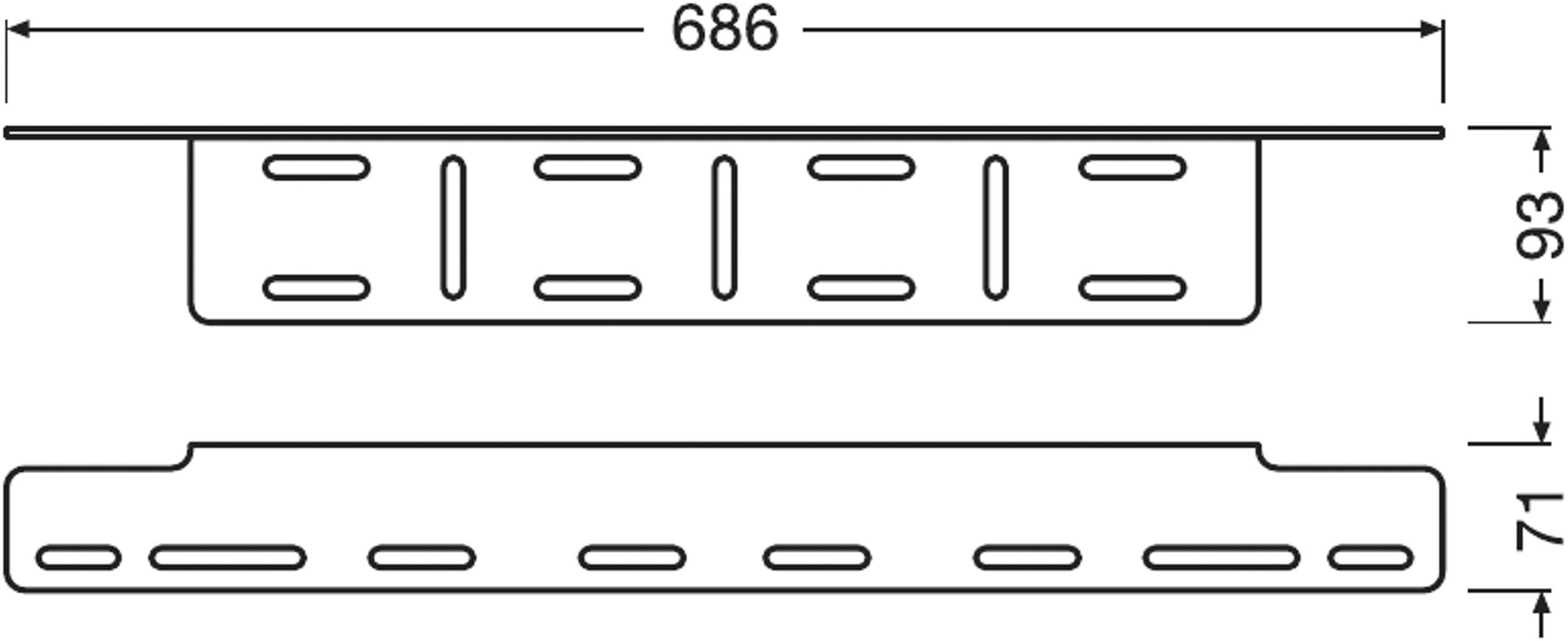 Abbildung eines Metallprofils mit Maßen: Länge 686 mm, Höhe 93 mm, Breite 71 mm. Sichtbare Schlitze entlang der Profilseite.