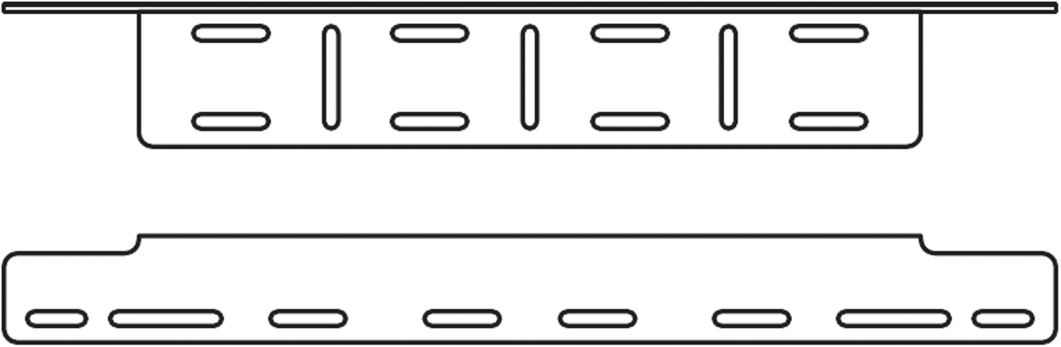 Diagramm von zwei Schienen. Die obere Schiene hat mehrere rechteckige Aussparungen und eine flache, breitere Oberkante. Die untere Schiene zeigt eine flache Struktur mit mehreren schlitzförmigen Aussparungen.