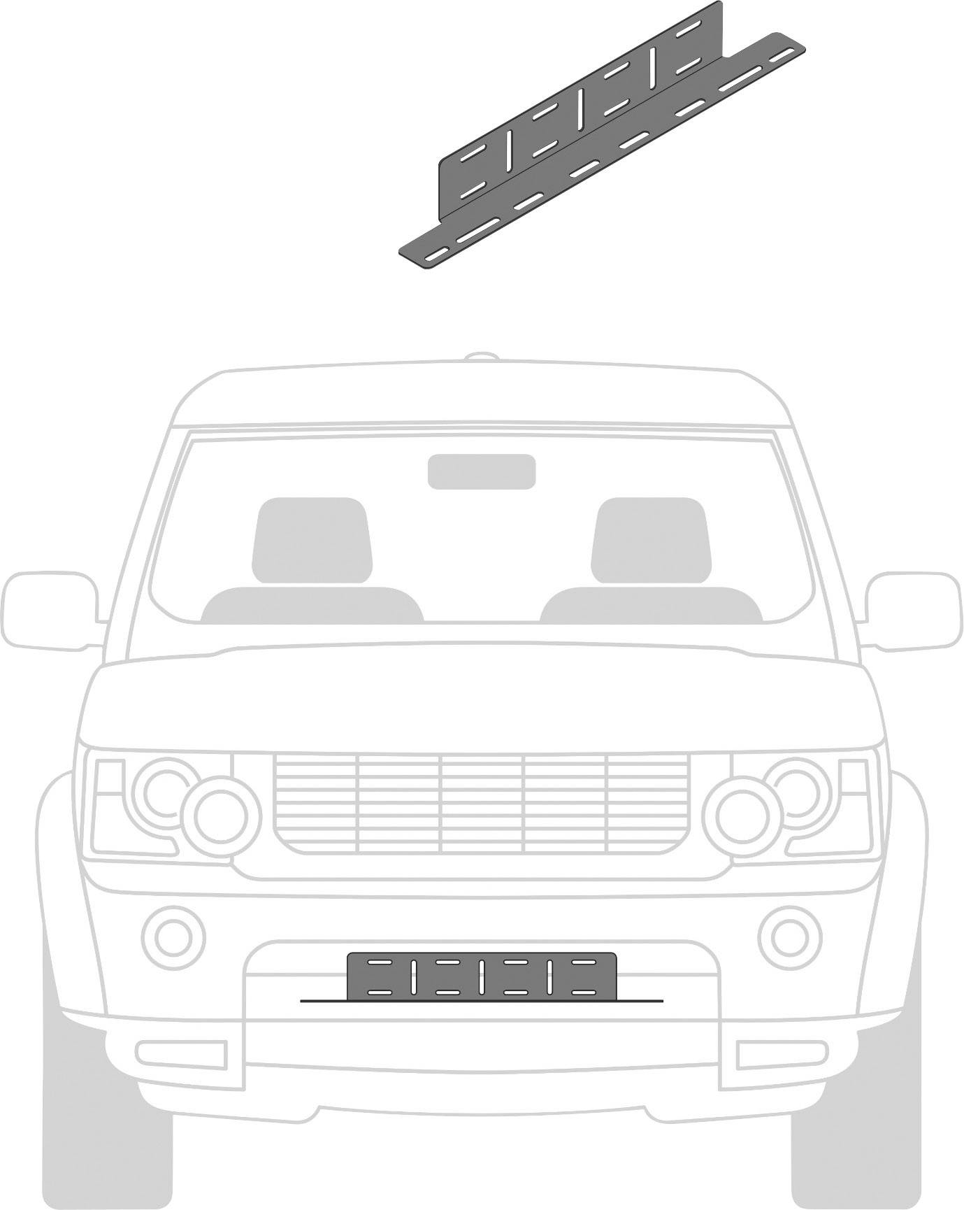Ein Auto von vorne mit einer Metallhalterung dargestellt. Die Halterung ist zum Anbringen am unteren Teil des Fahrzeugs bestimmt.