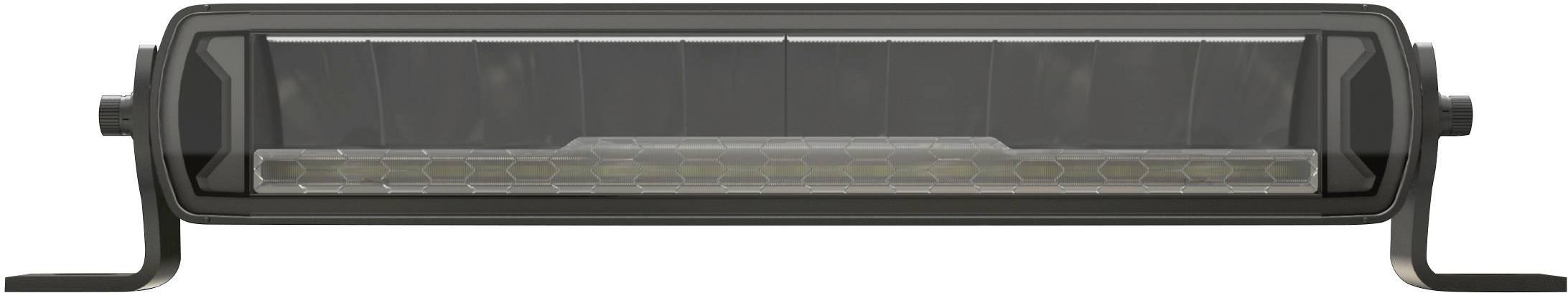 Längliche LED-Lichtleiste in schwarzem Gehäuse mit Halterungen an den Seiten, geeignet zur Verwendung als Zusatzbeleuchtung.