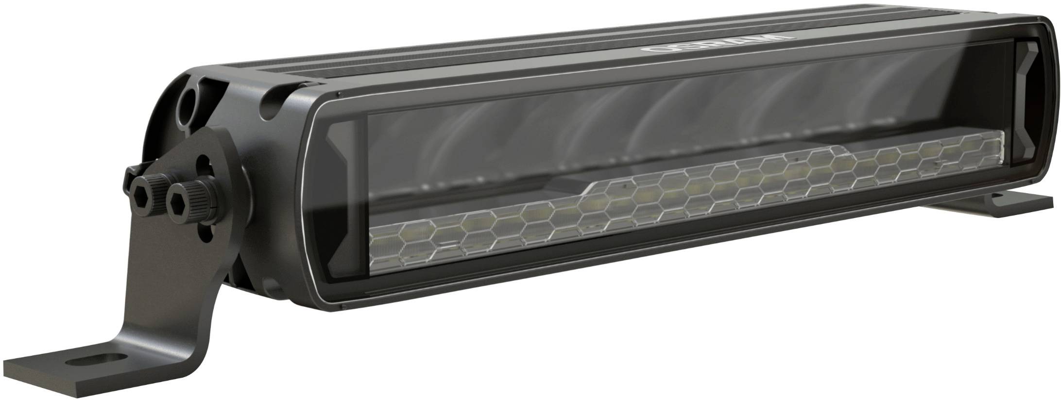 Ein rechteckiger LED-Lichtbalken in einem schwarzen Gehäuse mit montierbaren Halterungen an beiden Enden. Ideal für Fahrzeuge.