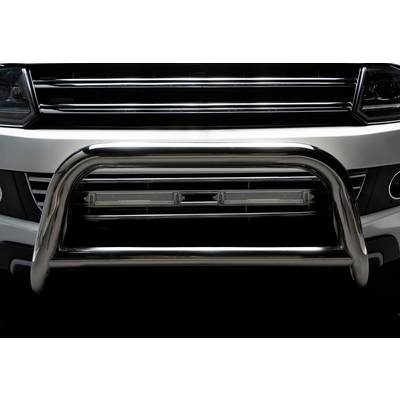 Nahaufnahme eines Autos mit mattschwarzem Kühlergrill und silbernem Frontschutzbügel.