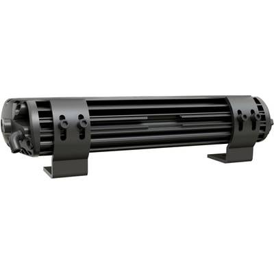 Ein schwarzer Rohrheizer mit mehreren parallel verlaufenden Lamellen, unterstützt von zwei Halterungen.