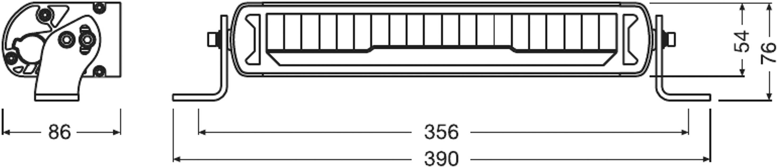 Technische Zeichnung eines rechteckigen Scheinwerfers mit Maßen: Länge 390 mm, Höhe 76 mm, Breite 86 mm. Seiten- und Vorderansicht.