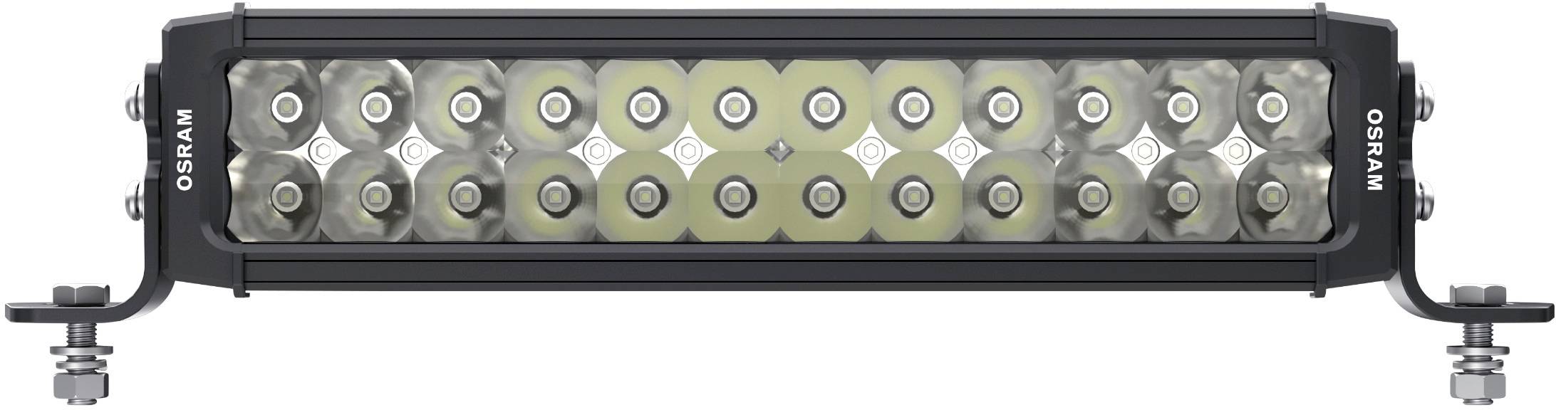 Ein rechteckiger LED-Lichtbalken mit mehreren kreisförmigen Leuchten und der Aufschrift 'OSRAM' an den Seiten.