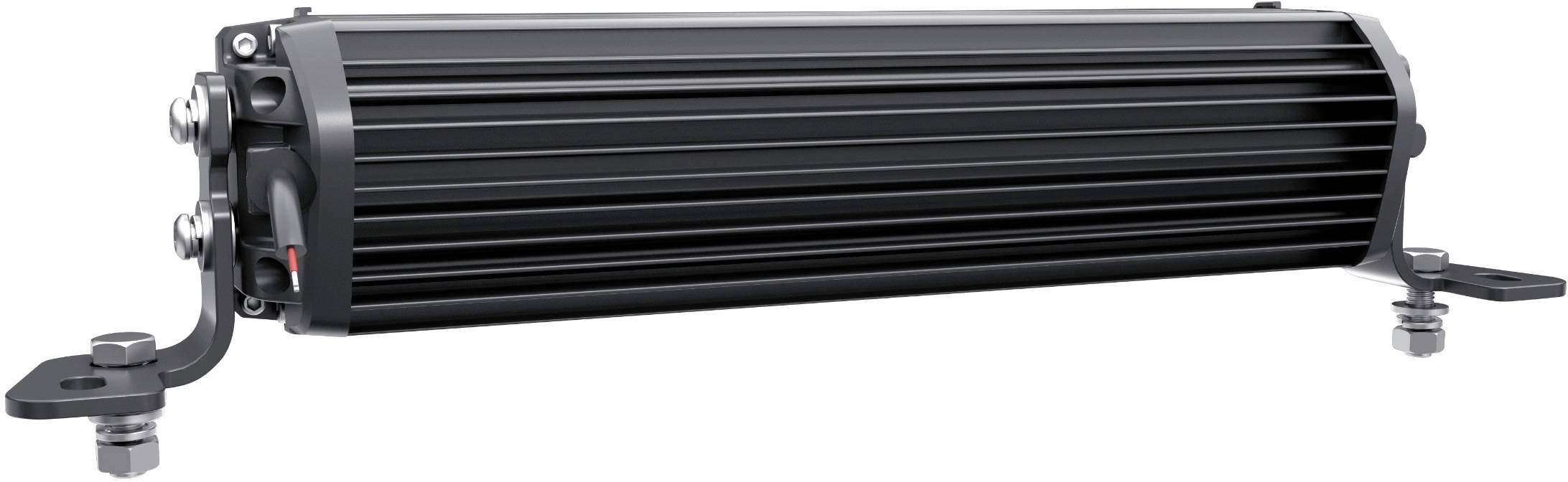 Ein schwarzer, zylindrischer LED-Lichtbalken mit Kühlrippen und Montagehalterungen an den Enden, geeignet zur Fahrzeugmontage.