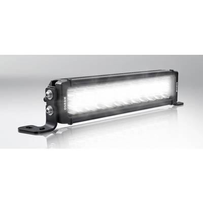 LED-Lichtleiste mit schwarz-silbernem Gehäuse, montiert auf einer Halterung zur Verwendung in Fahrzeugen oder industriellen Anwendungen.