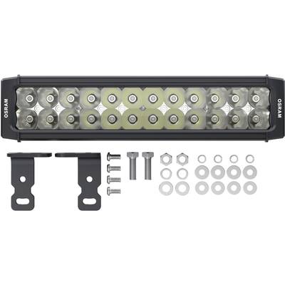Ein LED-Lichtbalken mit Halterungen, Schrauben, Muttern und Unterlegscheiben. Ideal zur Montage an Fahrzeugen.