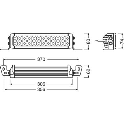 Technische Zeichnung einer LED-Lichtleiste mit Abmaßen: Länge 370 mm, Höhe 62 mm, Breite 80 mm. Draufsicht und Seitenansicht.