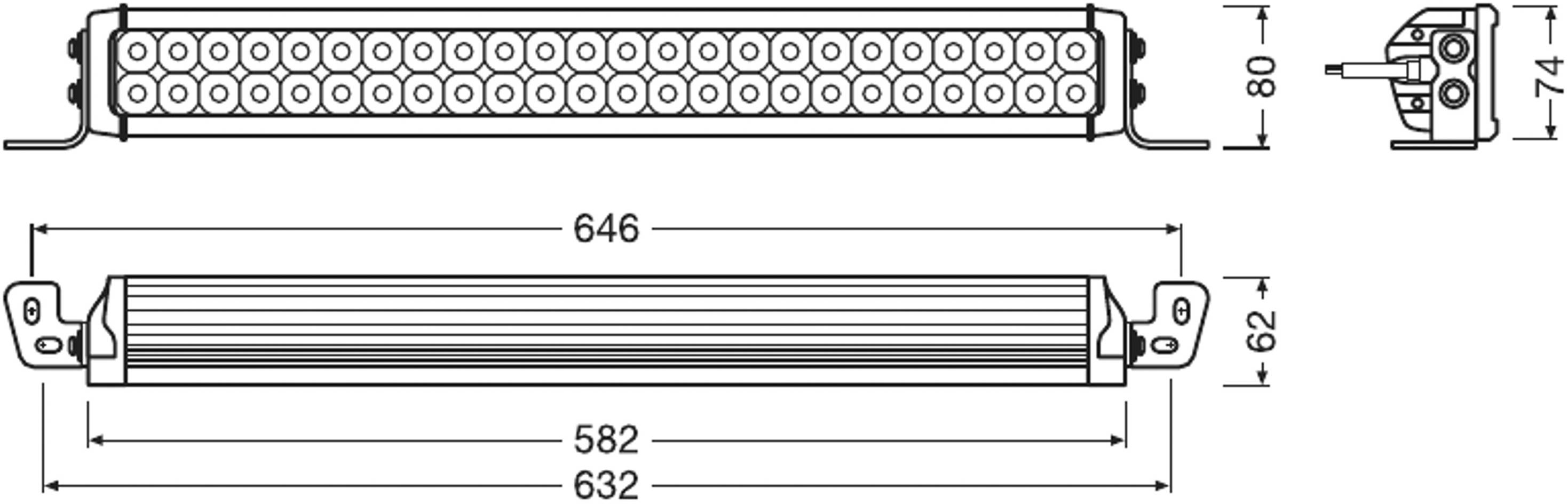 Technische Zeichnung einer LED-Lichtleiste mit Maßen: Länge 646 mm, Breite 62 mm, Höhe 80 mm; Ansicht von vorne, seitlich, hinten.