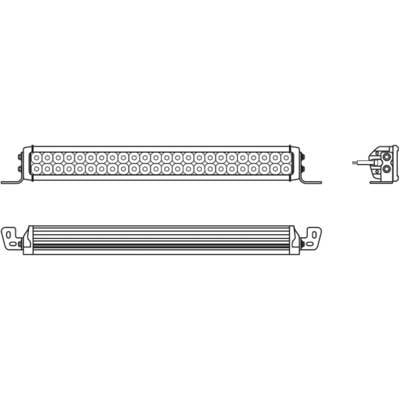 Technische Zeichnung einer rechteckigen LED-Lichtleiste mit 36 runden LEDs, Befestigungselementen und seitlicher Ansicht.