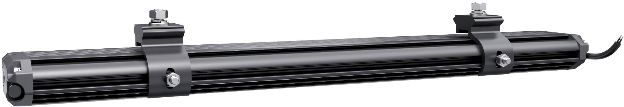 Ein schwarzer, zylindrischer Gegenstand, vermutlich ein Sensor oder ein Gerät, mit Befestigungselementen oben und einem Kabel auf der rechten Seite.