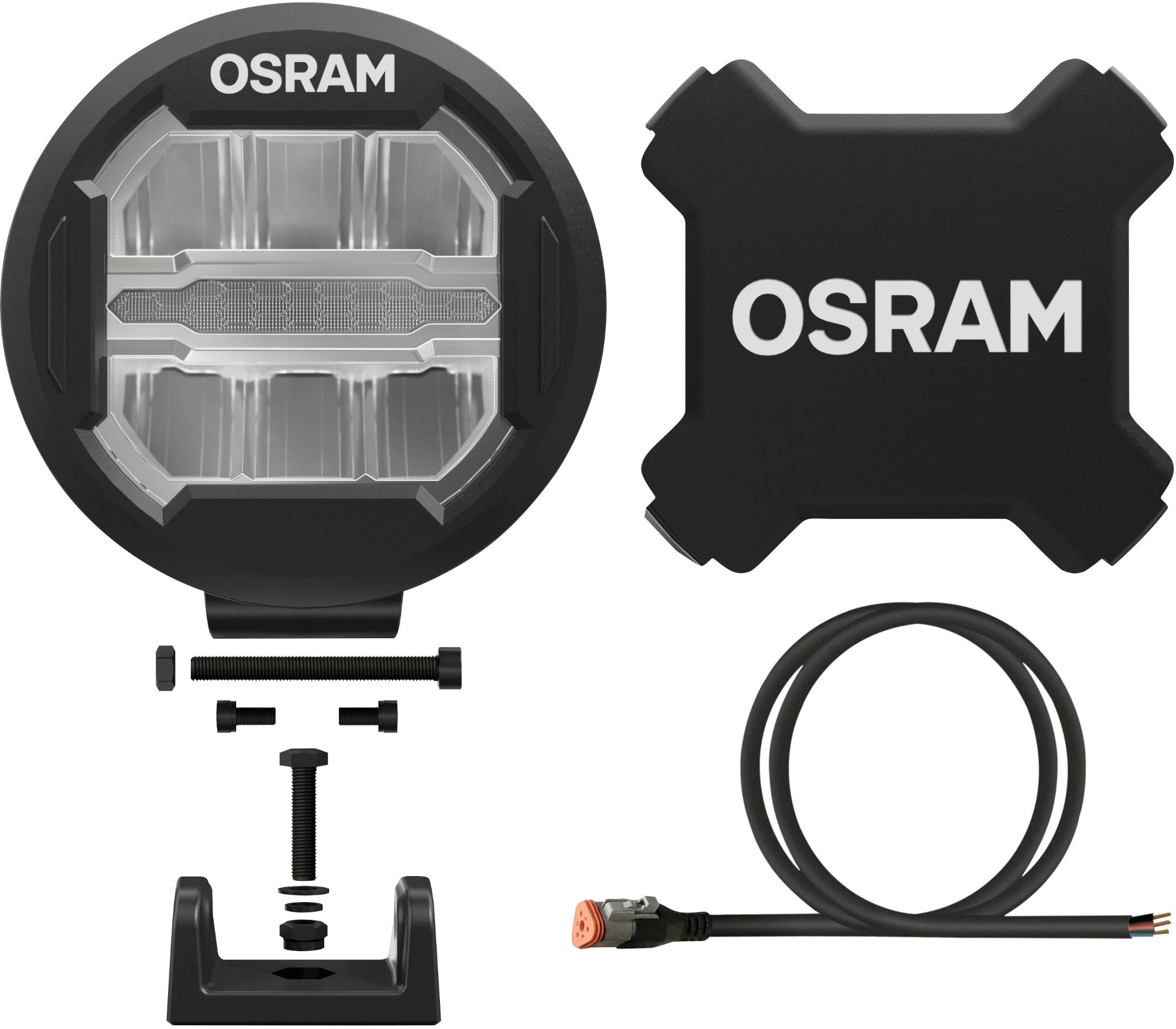 Ein rundes LED-Zusatzscheinwerfer-Set von Osram mit Montagezubehör und Anschlusskabel, geeignet für Offroad-Fahrzeuge.