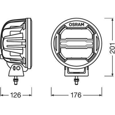 'Technische Zeichnung eines runden Scheinwerfers mit Maßen: 126 mm Tiefe, 176 mm Breite, 201 mm Höhe; Marke OSRAM.'