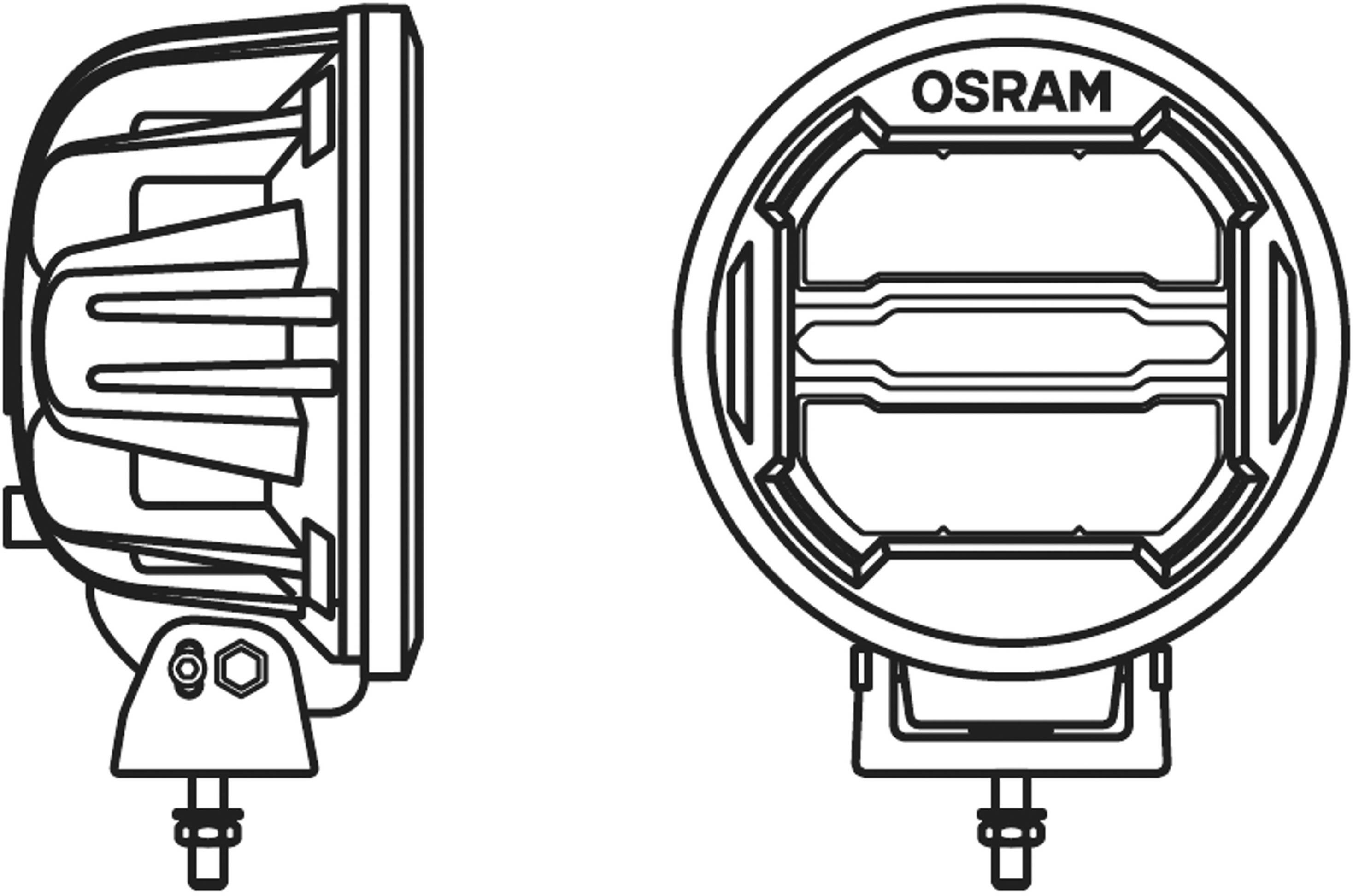 Zeichnung eines runden Scheinwerfers mit der Aufschrift 'OSRAM', seitliche und frontale Ansicht, zeigt Design und Befestigungselemente.