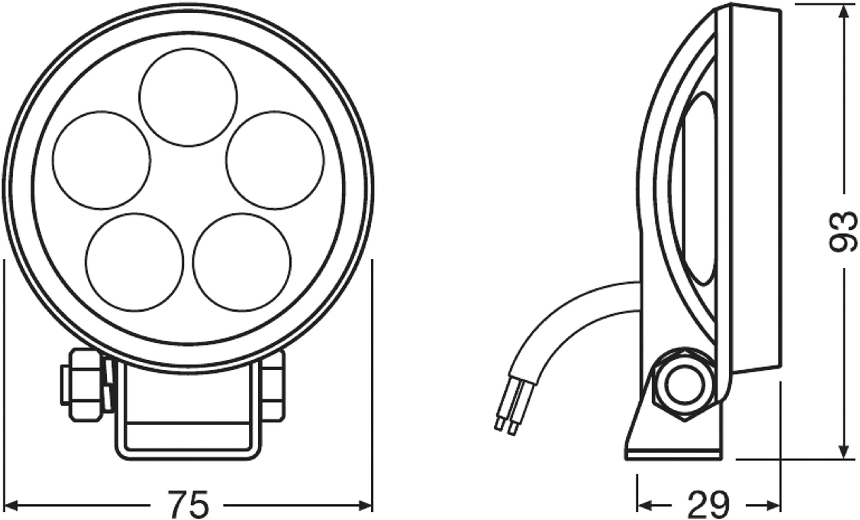 Technische Zeichnung eines runden Scheinwerfers mit den Maßen 75 mm Durchmesser, 93 mm Höhe und 29 mm Tiefe. Ansicht von vorne und Seite.