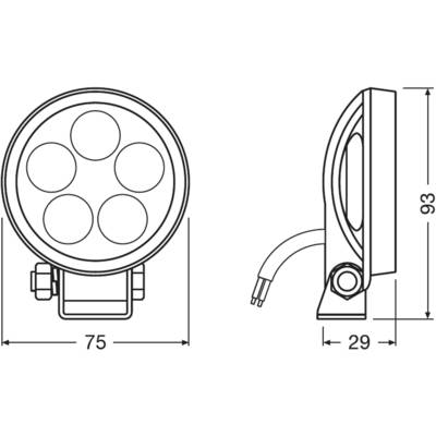 Technische Zeichnung eines runden Scheinwerfers mit den Maßen 75 mm Durchmesser, 93 mm Höhe und 29 mm Tiefe. Ansicht von vorne und Seite.