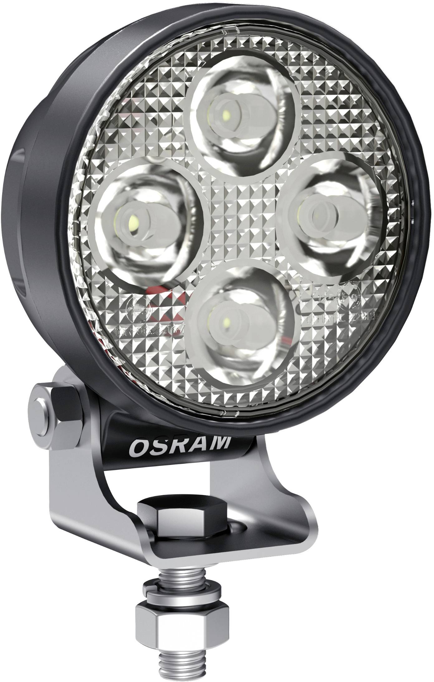 Rundes LED-Arbeitslicht von Osram mit vier leuchtenden Dioden und einer Halterung zur Befestigung. Geeignet für Fahrzeuge.