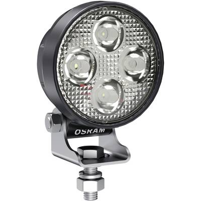 Rundes LED-Arbeitslicht von Osram mit vier leuchtenden Dioden und einer Halterung zur Befestigung. Geeignet für Fahrzeuge.
