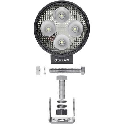 Runder LED-Scheinwerfer mit fünf Linsen und OSRAM-Logo, darunter Montagematerial bestehend aus Schrauben, Muttern und Halterung.