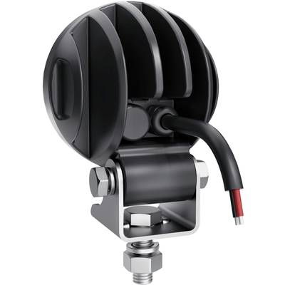 Rundes schwarzes Gerät mit drei Kabeln, das an einer Metallhalterung befestigt ist. Ein Kabel ist sichtbar angeschlossen.