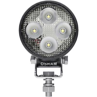 Ein runder LED-Scheinwerfer mit vier leuchtenden Dioden, montiert auf einem robusten Metallhalter mit der Aufschrift 'OSRAM'.