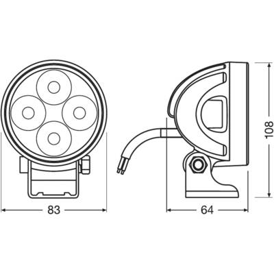 'Skizze einer Rundleuchte mit fünf LEDs, Abmessungen: Breite 83 mm, Tiefe 64 mm, Höhe 108 mm. Seiten- und Frontalansicht.'