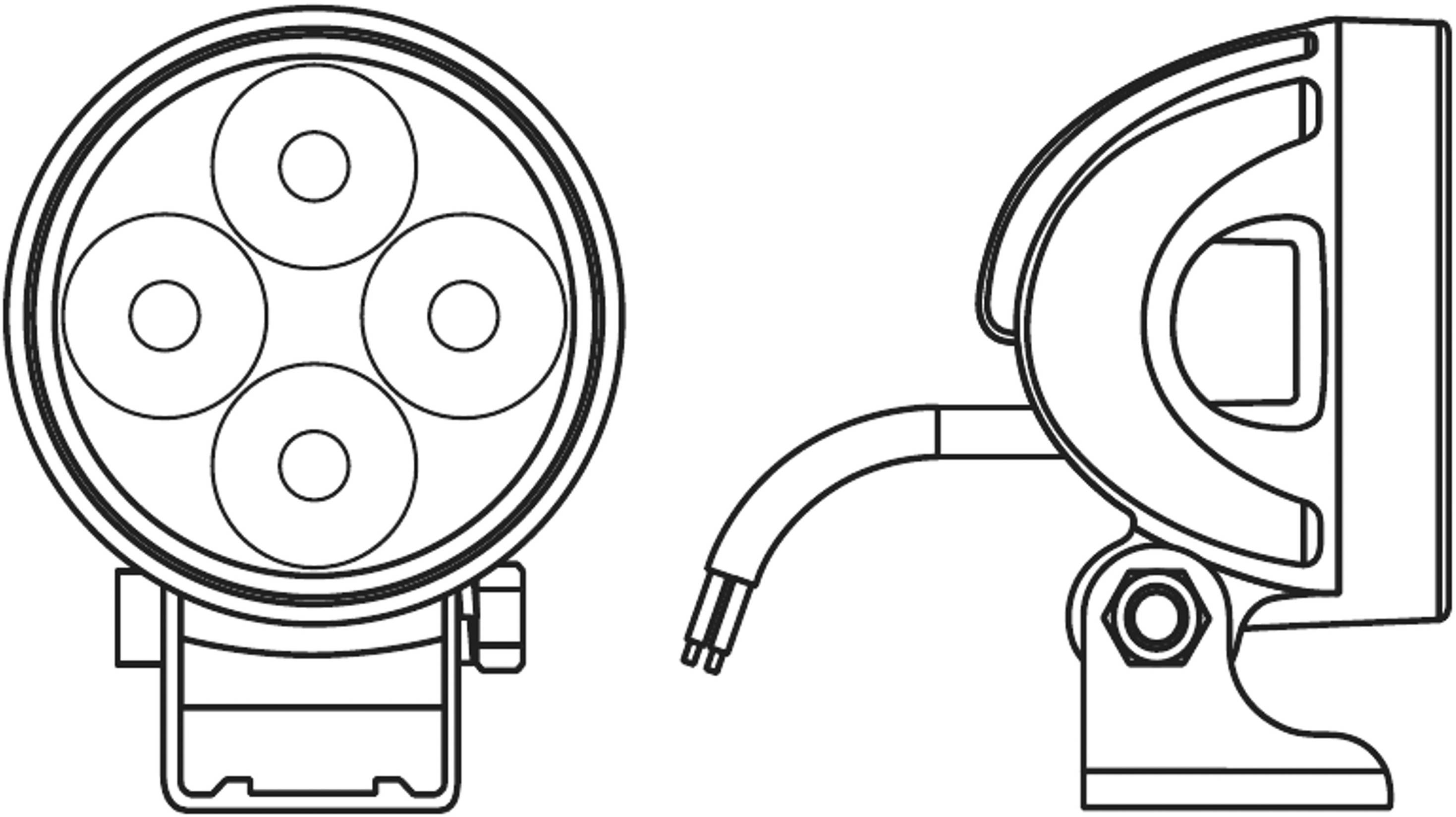 Technische Zeichnung einer runden LED-Leuchte mit fünf Dioden, Frontal- und Seitenansicht. Kabel und Befestigungselemente sichtbar.