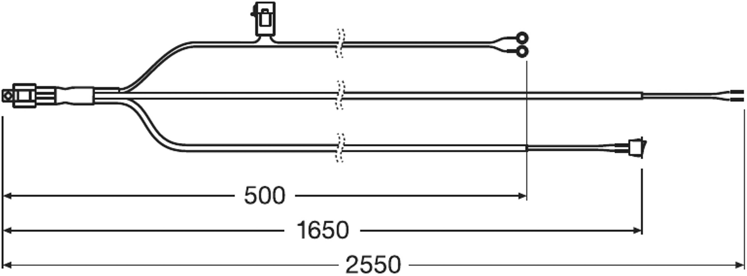 Strichzeichnung eines medizinischen Katheters mit Abmessungen: 500, 1650 und 2550 mm. Zeigt Anschlüsse und Aufzweiungen.