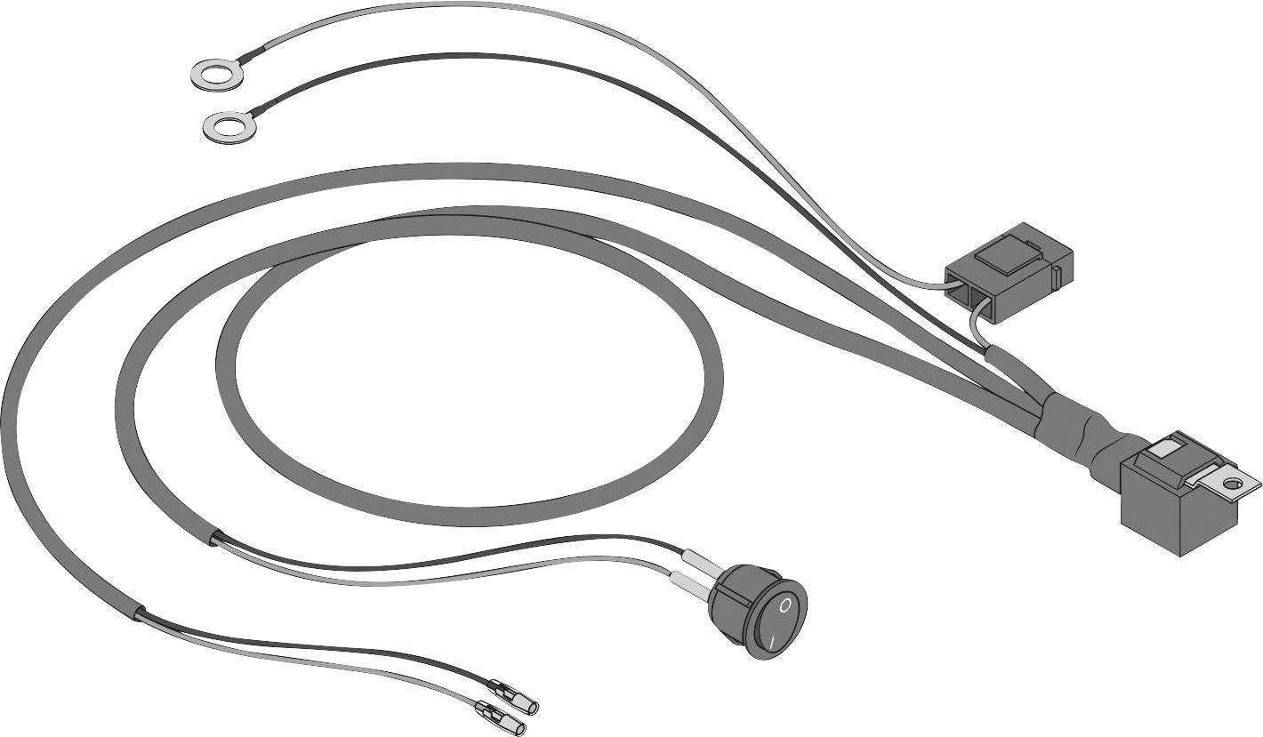 Abbildung eines Elektrik-Kabelsatzes mit mehreren Enden, einschließlich Ringklemmen und Steckverbindern, die für den Anschluss in Fahrzeugen verwendet werden.