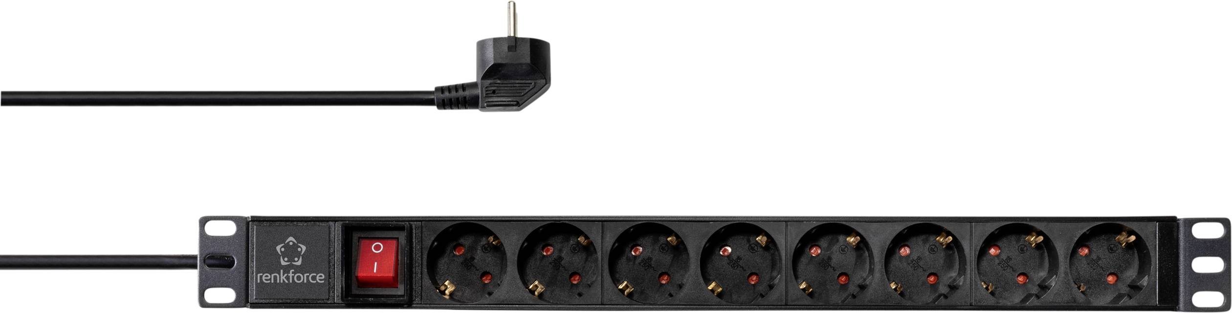 Eine schwarze Steckdosenleiste mit acht Anschlüssen und einem roten Ein-/Ausschalter. Das Kabel ist mit einem Stecker versehen.