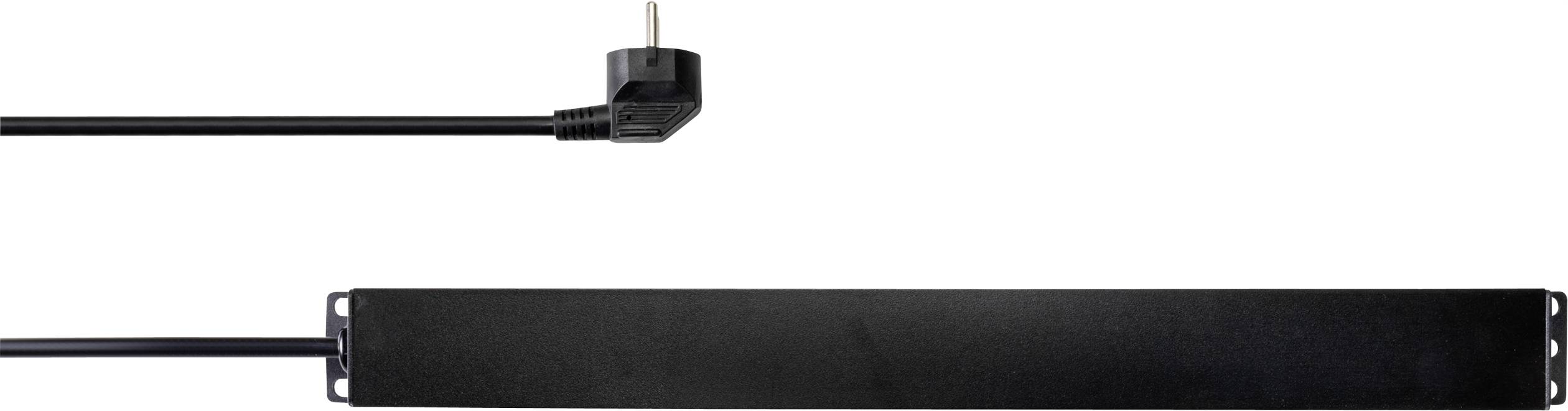 Ein schwarzes rechteckiges Gerät mit einem Netzkabel links, das in einer Steckdose endet. Es ist schmal und lang.