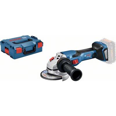 Ein blauer Akkuwinkelschleifer mit rotem Akzent und zugehöriger blauer Transportbox.