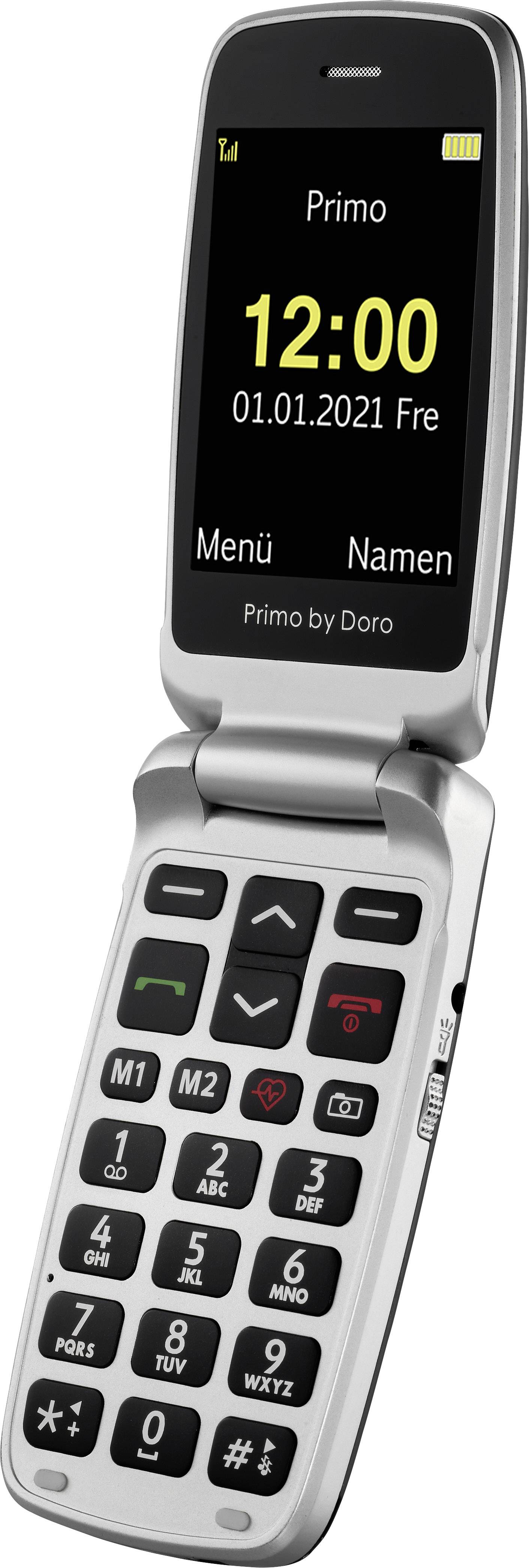 Klapphandy in Silber mit großem Display und großen Tasten. Zeigt die Uhrzeit '12:00' und Datum '01.01.2021'.