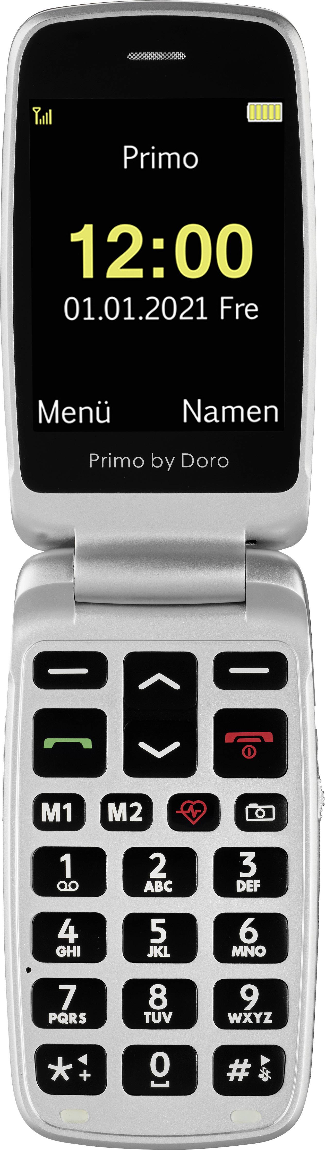 Silbernes Klapphandy mit großem Display und Tasten. Zeigt Uhrzeit '12:00', Datum '01.01.2021' und Menüoptionen 'Menü' und 'Namen'.