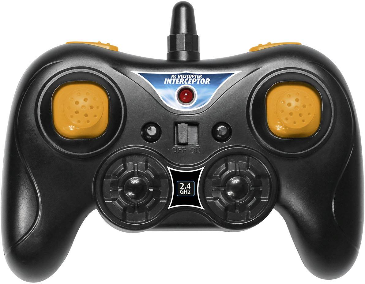 Ein schwarzer Controller mit orangen Knöpfen und einer Schrift in der Mitte, die '2.4 GHz' zeigt, vermutlich für ein ferngesteuertes Gerät.