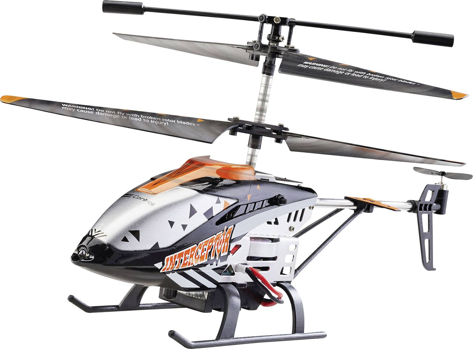Ein ferngesteuerter Hubschrauber mit zwei Rotorblättern und orange-schwarzem Design steht aufrecht.