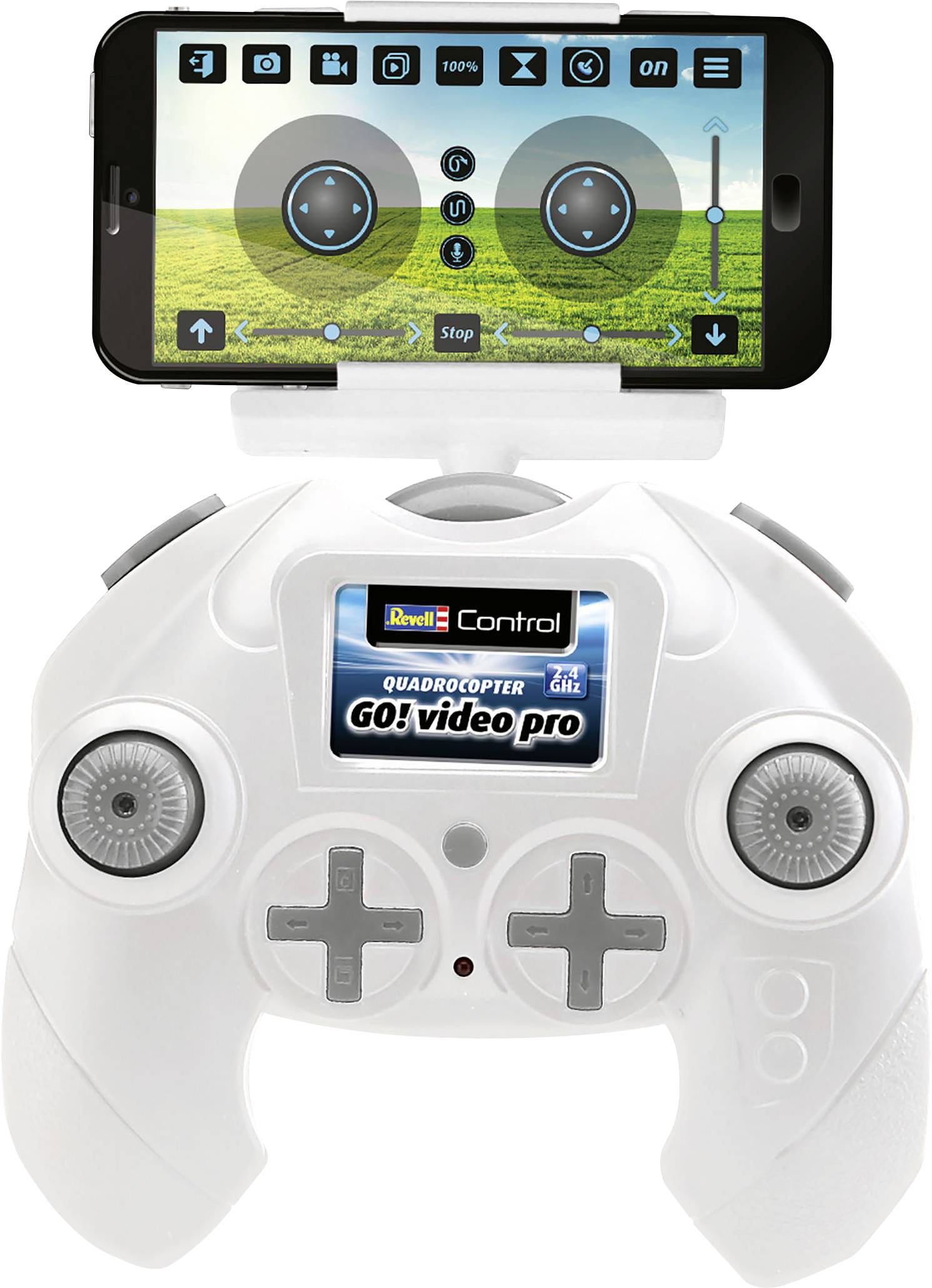 Fernsteuerung für Drohne mit Smartphone-Halterung, zeigt Drohnensteuerungs-App auf Bildschirm, darunter Joysticks und Steuerknöpfe.