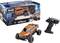 Spielzeugmodell eines orangefarbenen VW Amarok RC-Trucks mit Fernsteuerung neben der Produktverpackung abgebildet.