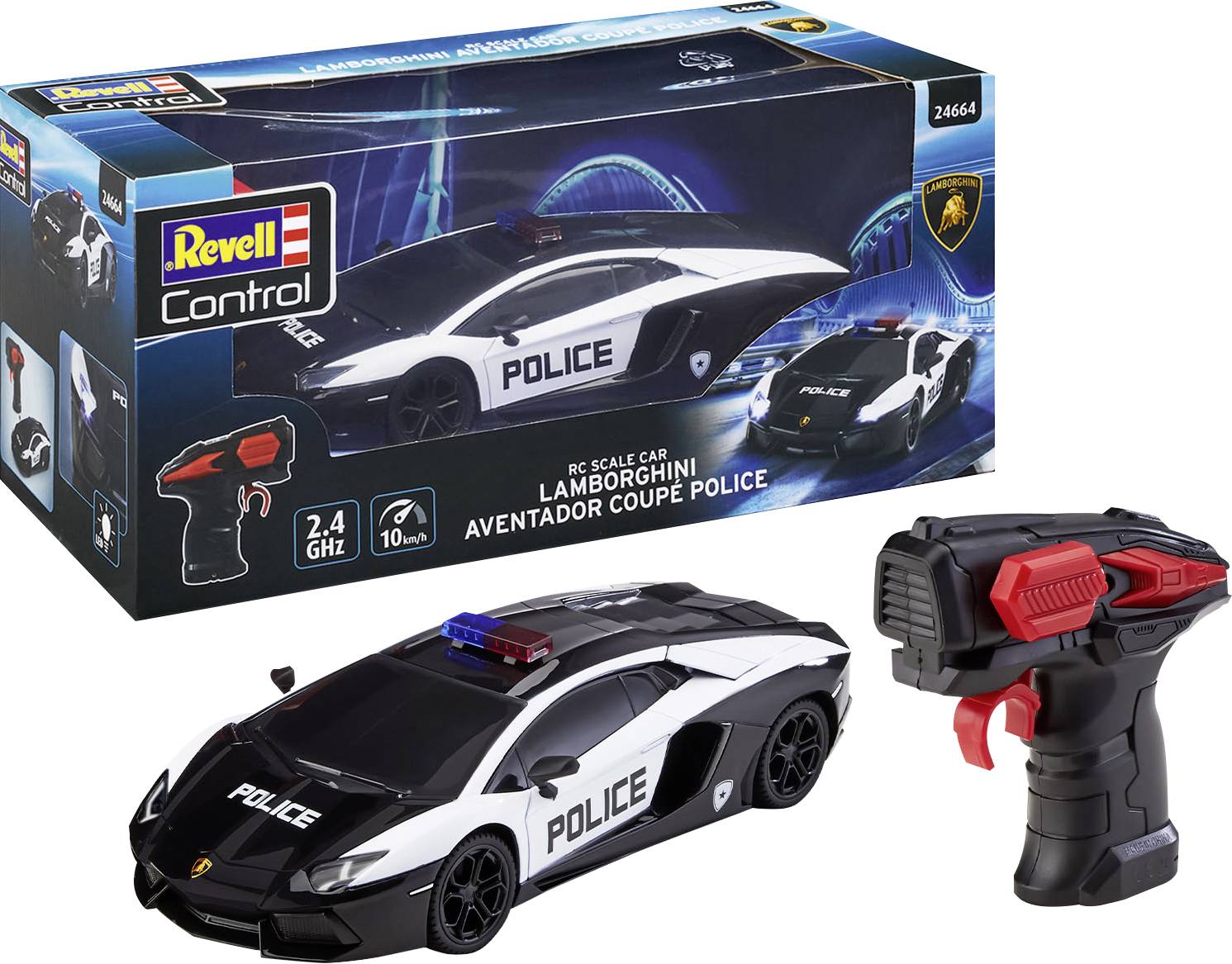 Ein ferngesteuertes Spielzeugauto im Polizei-Design, Modell Lamborghini Aventador. Die Verpackung zeigt das Auto und die Fernbedienung.